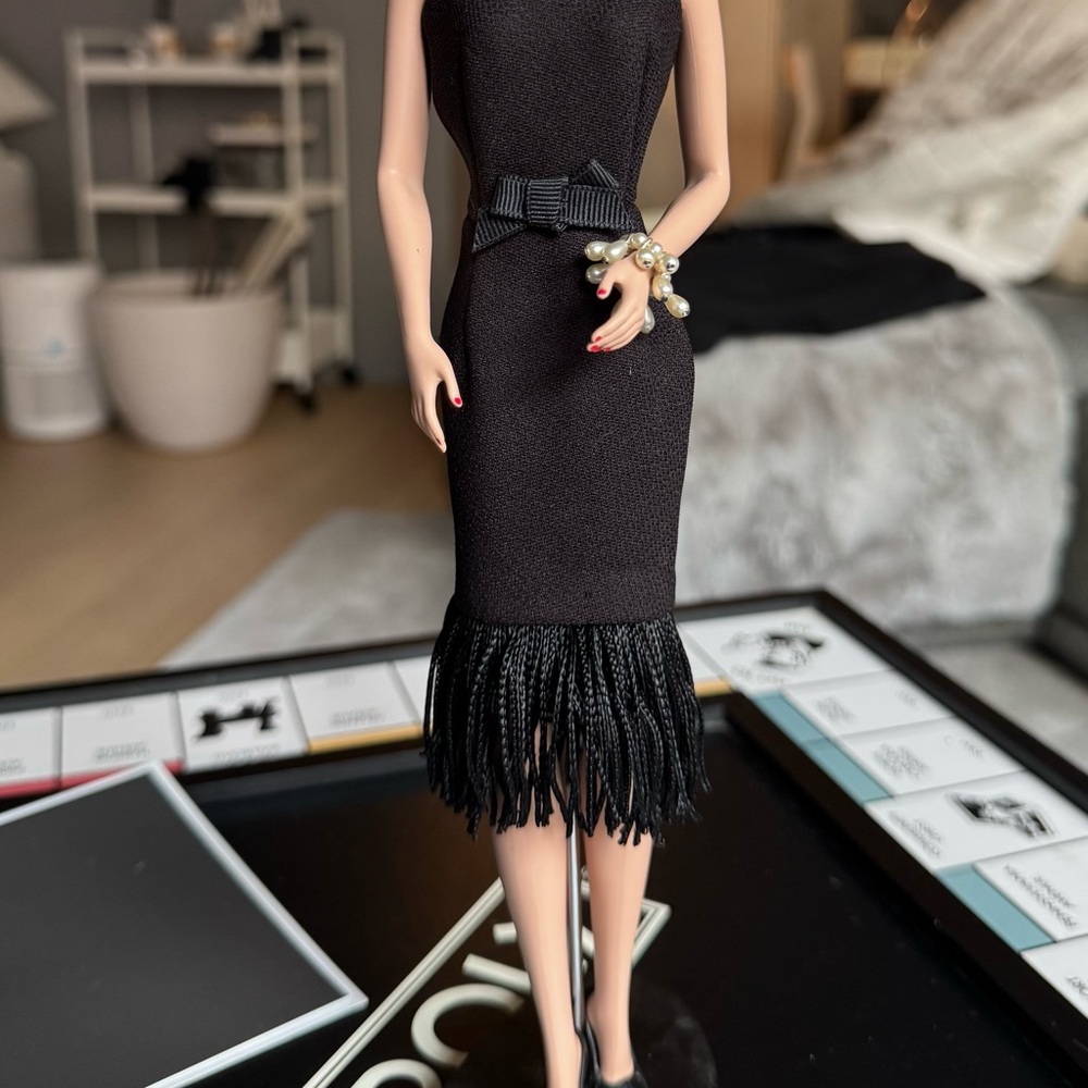 Elegant Barbie Audrey Hepburn Black Dress with Fringe Hem